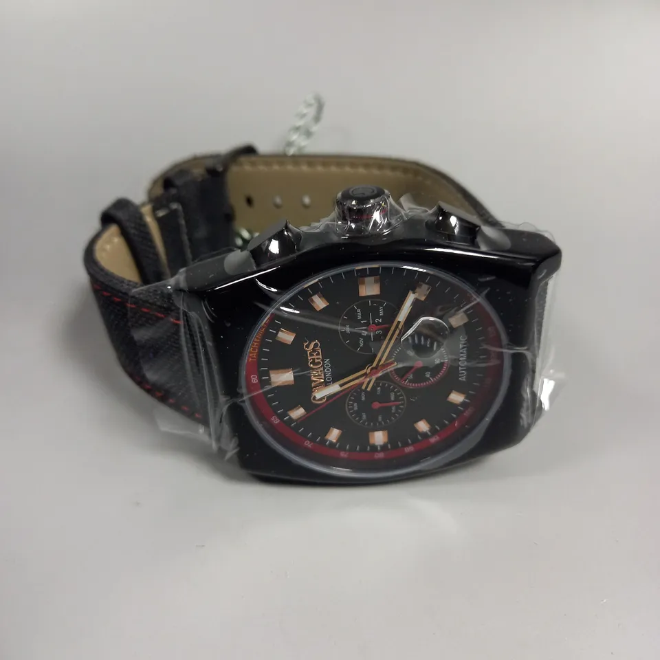 BOXED GAMAGES RETRO CALIBRE BLACK TRIPLE DATE DIAL AUTOMATIC TACHYMETER LEATHER STRAP WRISTWATCH	