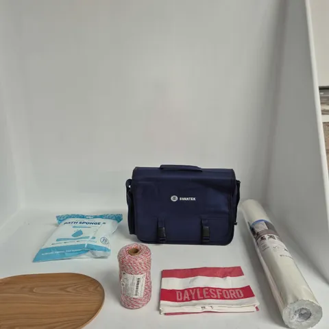 BOX OF APPROXIMATELY 15 ASSORTED ITEMS INCLUDING THICK STONE LOOK FABRIC, A DAYLESFORD TEA TOWEL AND A SVANTEK BAG