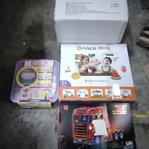 PALLET OF HOUSEHOLD ITEMS TO INCLUDE ELEPHANT ROCKING HORSE,DANCE MAT,HEAVY DUTY TRUCK,PUFFY POUCHES SUPERMARKET AND OTHER ASSORTED ITEMS...