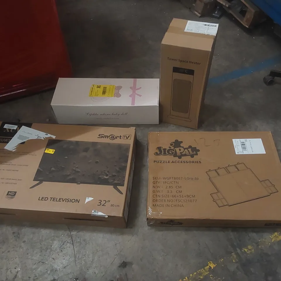 PALLET CONTAINING A LARGE QUANTITY OF ASSORTED ITEMS INCLUDING: 32" LED SMART TV, JIGPAL PUZZLE ACCESSORIES, LIFELIKE NEWBORN BABY DOLL, TOWER SPACE HEATER ECT