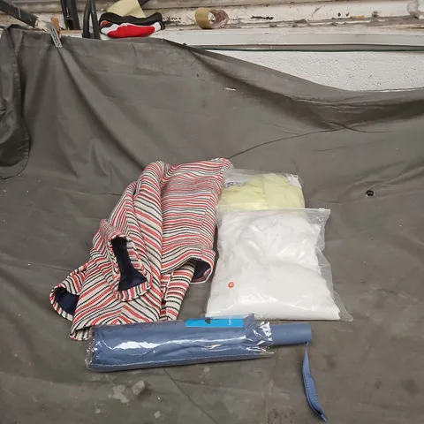 BOX OF APPROXIMATELY 20 ASSORTED CLOTHING ITEMS TO INCLUDE STRIPED JACKET, UMBRELLA, YELLOW MAXI DRESS ETC