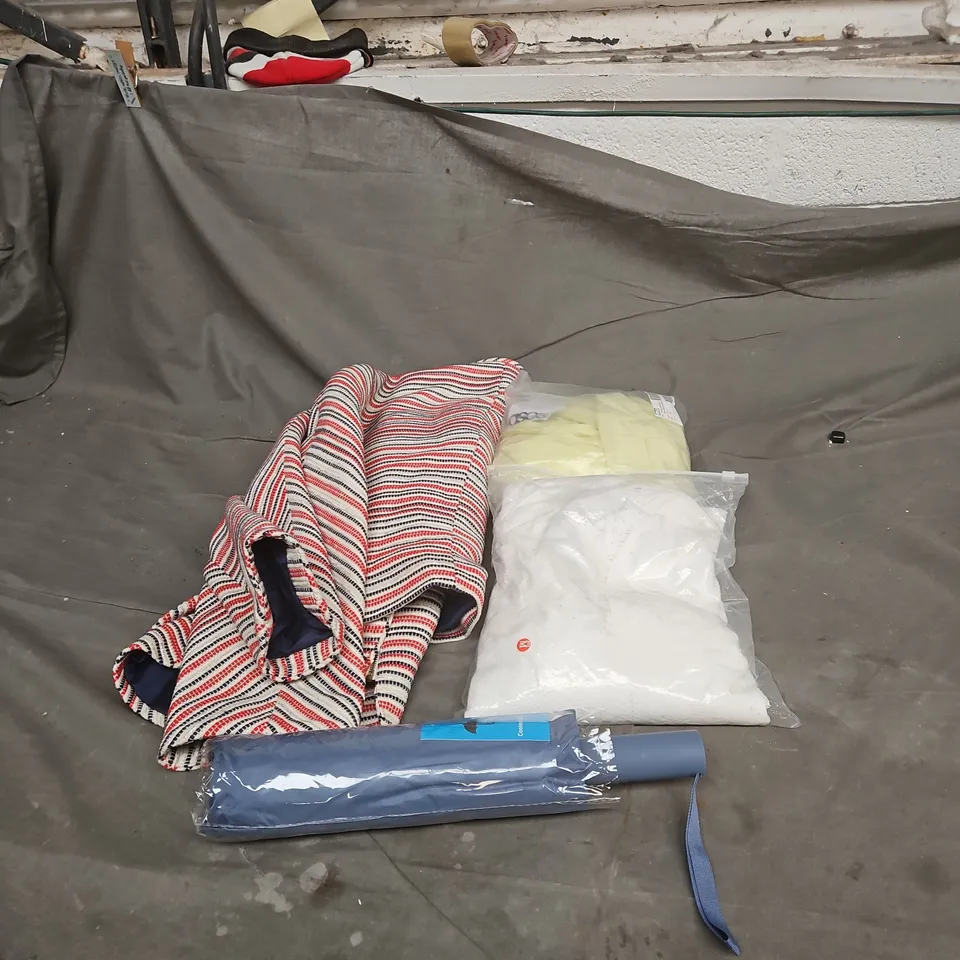 BOX OF APPROXIMATELY 20 ASSORTED CLOTHING ITEMS TO INCLUDE STRIPED JACKET, UMBRELLA, YELLOW MAXI DRESS ETC