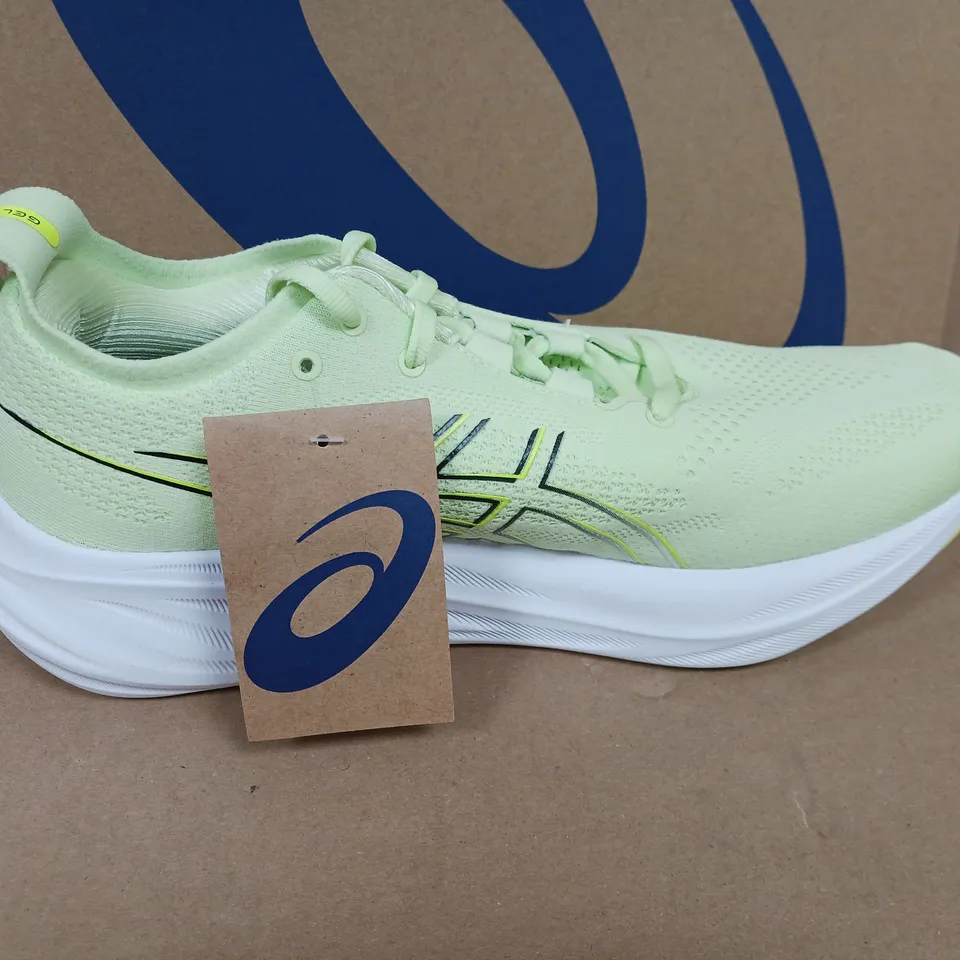 BOXED PAIR OF ASICS GEL NIMBUS TRAINERS IN GREEN MATCHA- UK 9