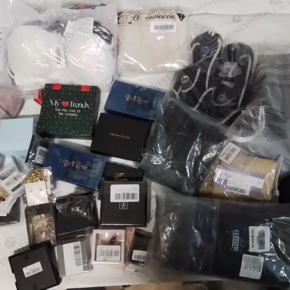 BOX CONTAINING LARGE AMOUNT OF MIXED FASHION ITEMS, SILVER PLATE AND COSTUME JEWELLERY, CLOTHING ITEMS ETC.