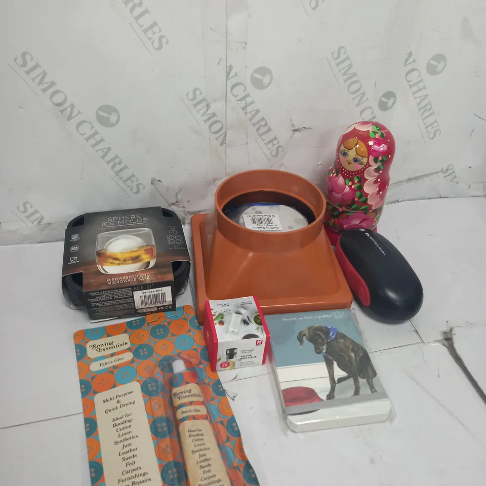 TOTE OF APPROXIMATELY 15 ASSORTED HOUSEHOLD  ITEMS TOO INCLUDE ICE MOLDS , SEWING ESSENTIALS , CEILING SWITCHES , ETC 