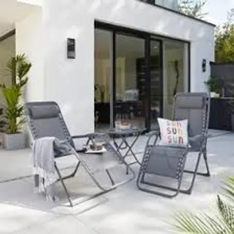 BOXED HELSINKI SET OF 2 RECLINING SUN LOUNGER CHAIRS WITH TABLE - CHARCOAL (1 BOX)