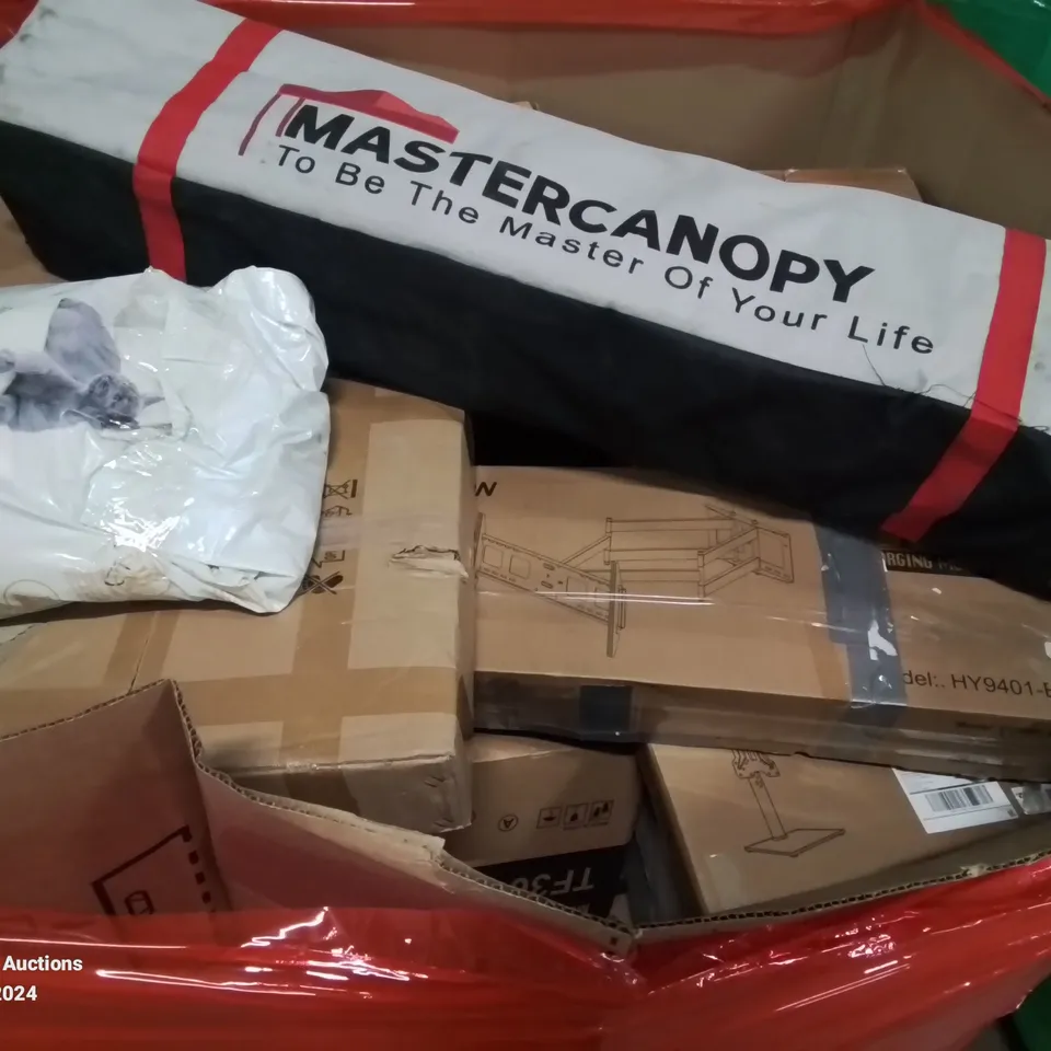 PALLET CONTAINING VARIOUS ASSORTED ITEMS TO INCLUDE: MASTERCANOPY, TV BRACKETS, CAT LITTER, TV STANDS ETC.