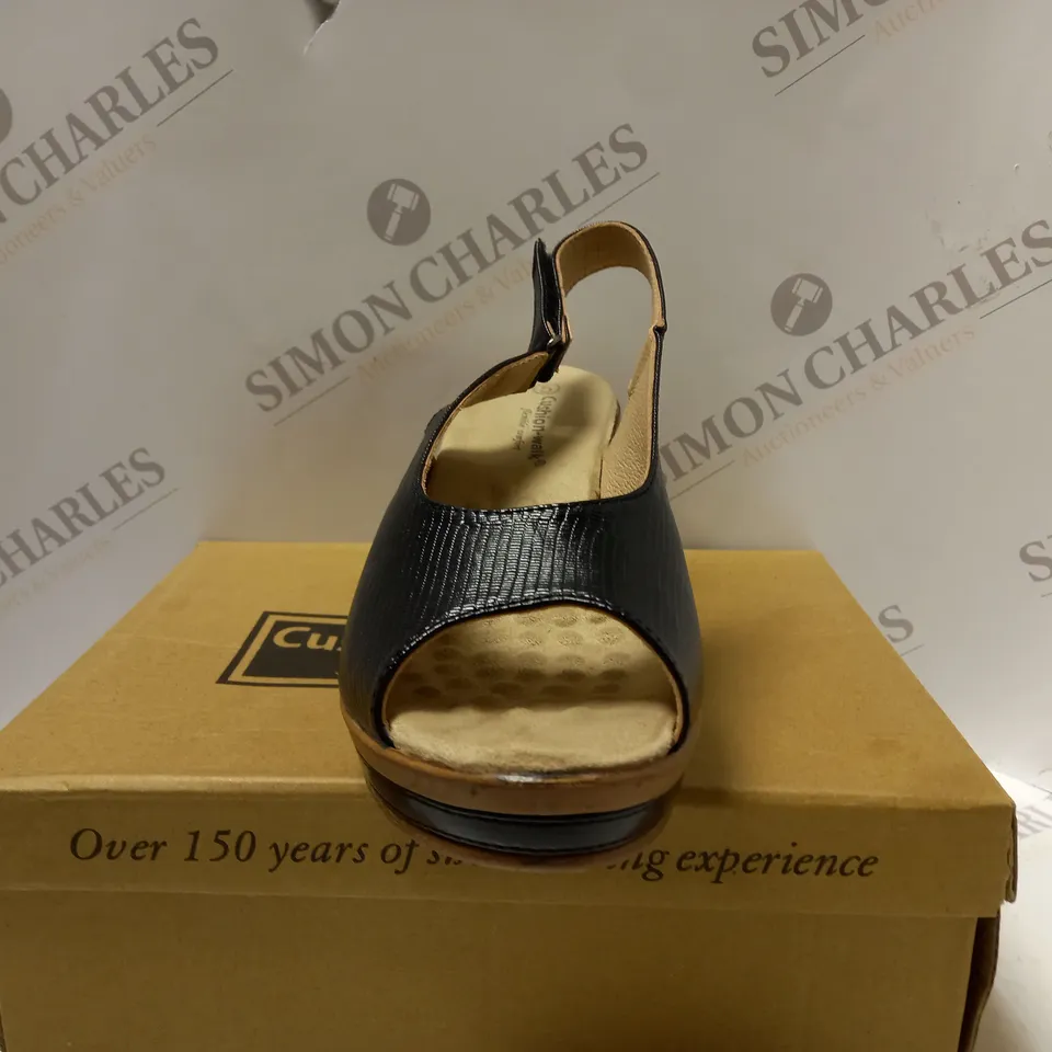 BOXED PAIR OF CUSHION WALK STRAPPY WEDGE HEELED SHOES, BLACK - SIZE 5