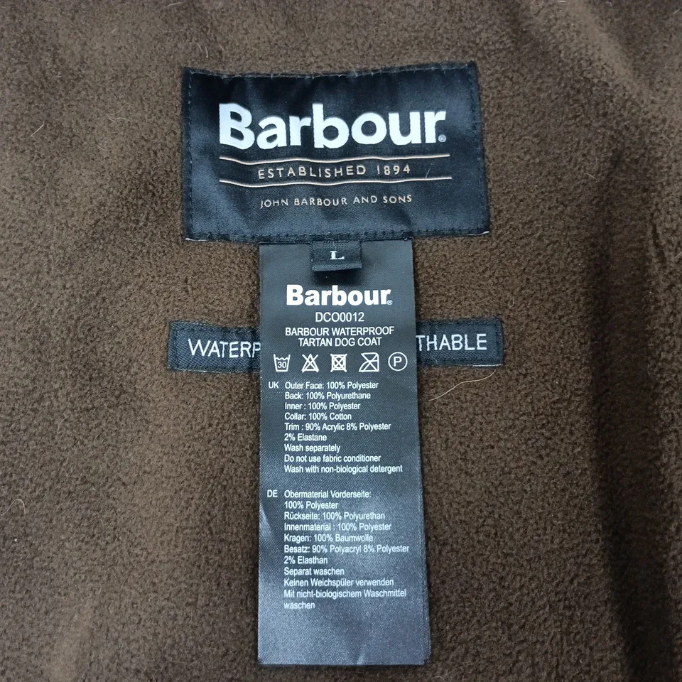 BARBOUR TARTAN WATERPROOF DOG COAT - GREEN SIZE L