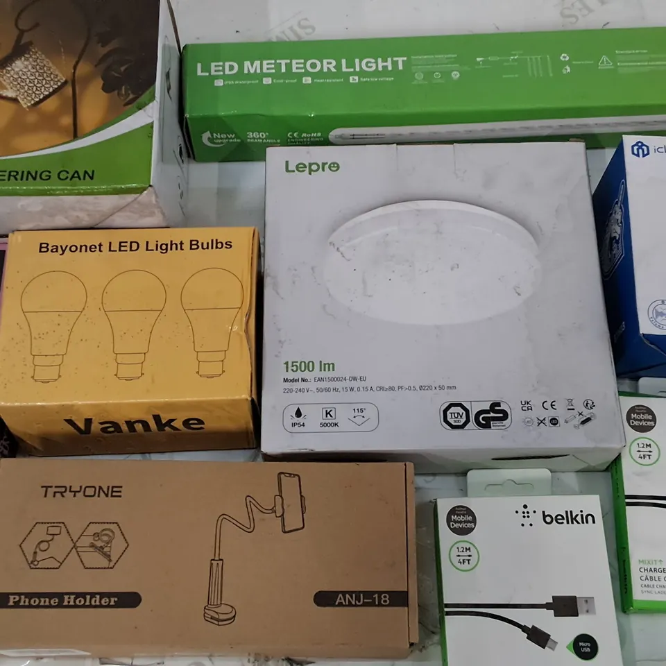 LOT OF 17 ASSORTED ITEMS TO INCLUDE LEPROSY CEILING LIGHT, PHONE HOLDER AND BELKIN CHARGE CABLES