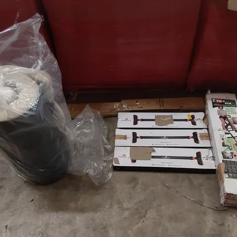 PALLET OF ASSORTED ITEMS INCLUDING: AB BOOSTER PLUS TOTAL BODY FITNESS MACHINE, PULL-UP BARS, MULTI-USE RETRACTABLE GATE, SMALL MATTRESS ECT