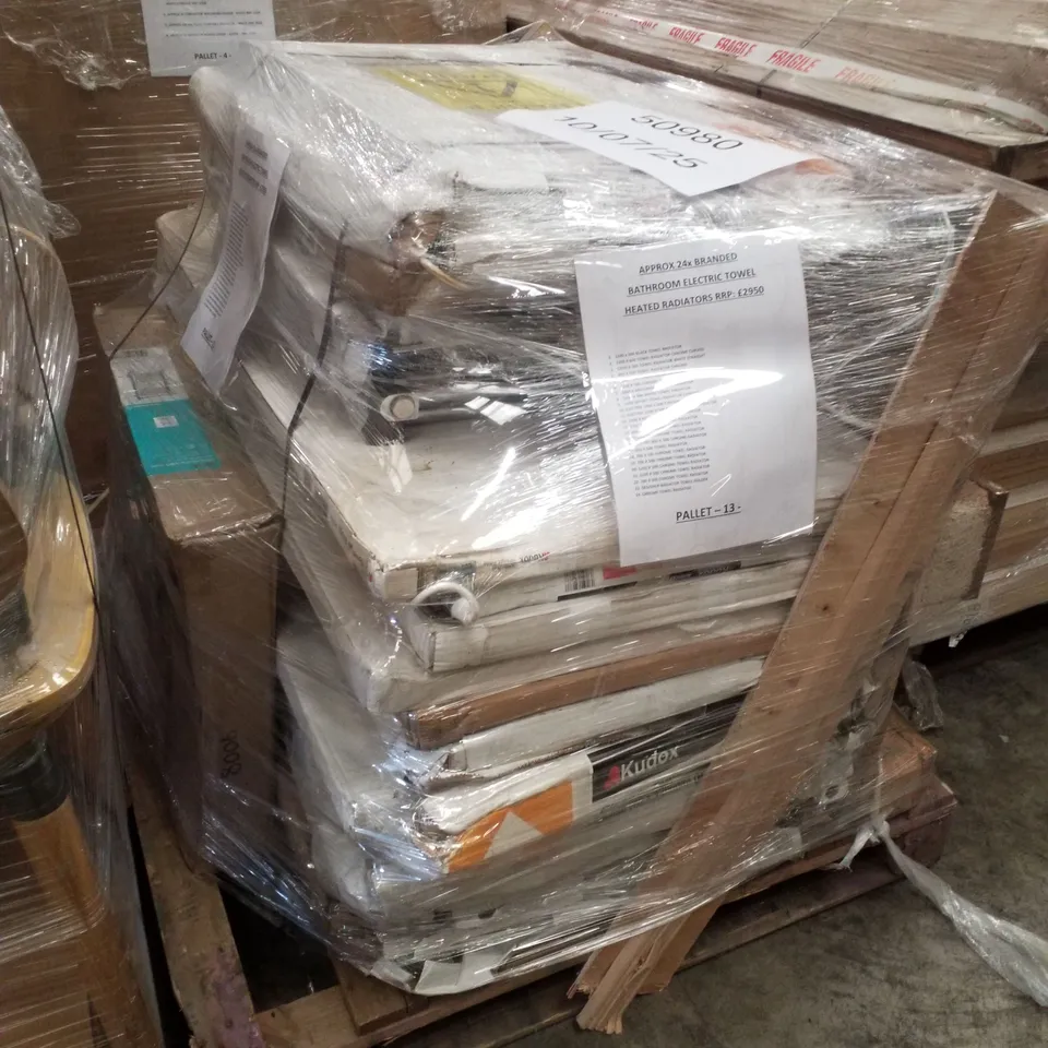 PALLET CONTAINING APPROXIMATELY 24 BRANDED BATHROOM ELECTRIC TOWEL HEATED RADIATORS 