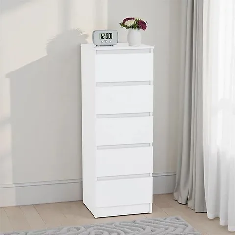 BOXED MALVERN 5 DRAWER NARROW CHEST - WHITE (1 BOX)