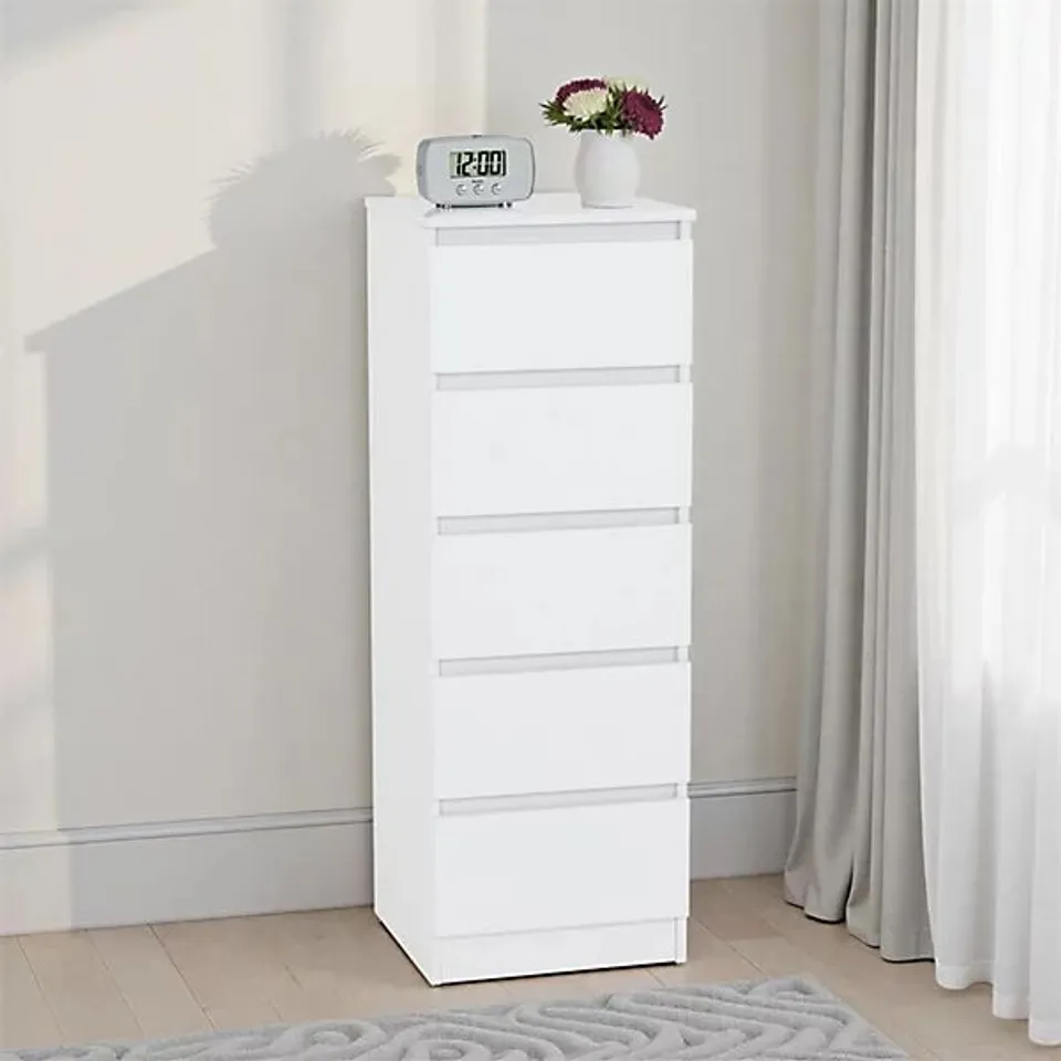 BOXED MALVERN 5 DRAWER NARROW CHEST - WHITE (1 BOX)