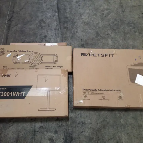 PALLET OF ASSORTED PRODUCTS INCLUDING TRANSFER SLIDING BOARD, COLLAPSIBLE SOFT CRATE, PRIVACY WINDOW FILM, MONITOR STAND
