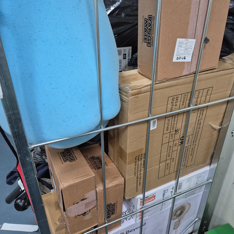 CAGE OF APPROXIMATELY 12 ASSORTED ITEMS TO INCLUDE - STORAGE RACKS - FAN - MOPSWEEP - ETC