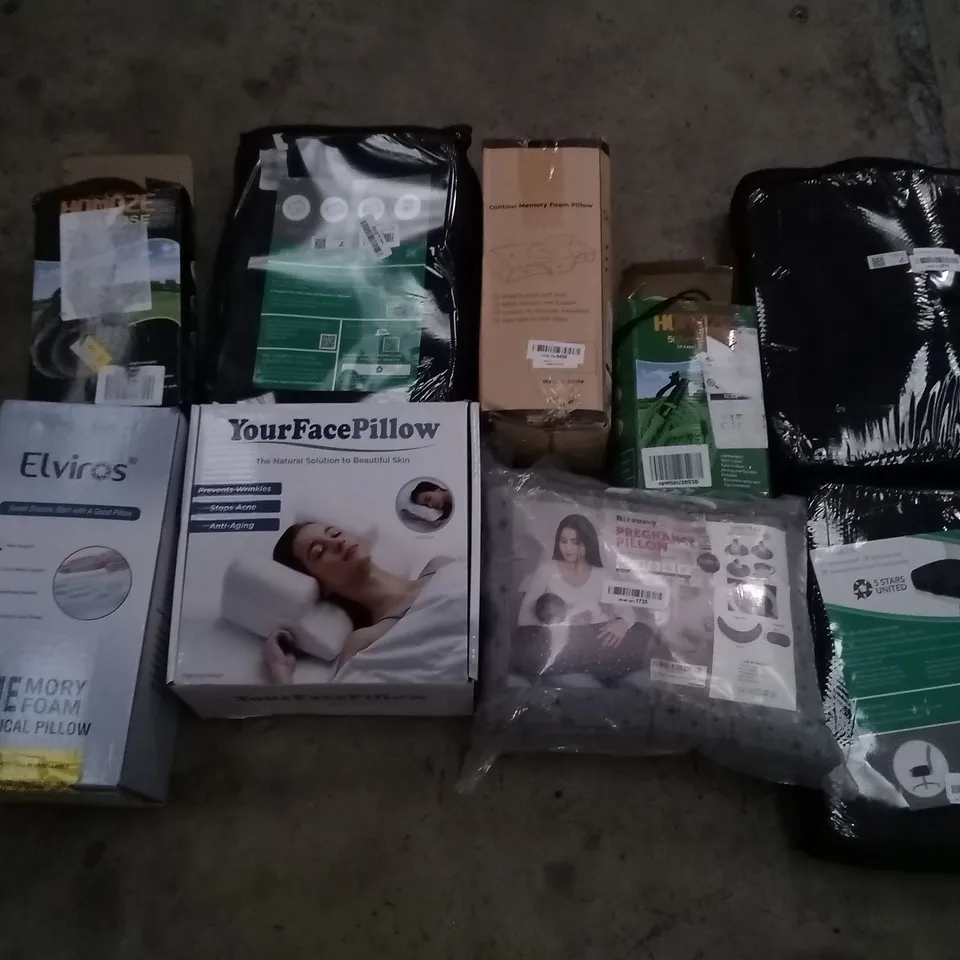 PALLET OF ASSORTED ITEMS INCLUDING HOMOZE 100FT HOSE, YOURFACEPILLOW, CONTOUR MEMORY FOAM PILLOW, PREGNANCY PILLOW, 5 STARS UNITED SEAT CUSHION, ELVIROS MEMORY FOAM CERVICAL PILLOW 