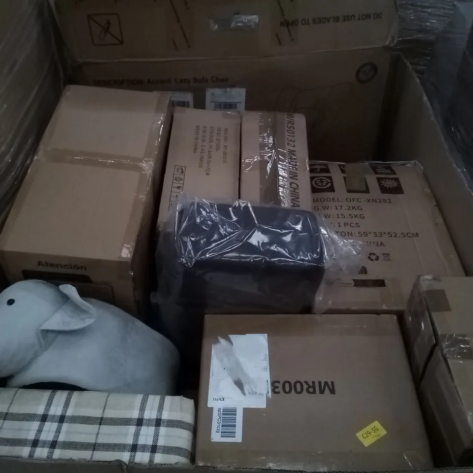 PALLET OF ASSORTED ITEMS INCLUDING ACCENT LAZY SOFA CHAIR, STOOL, FOOT STOOLS, BABIFY BABY CHAIR, ROLLING STOOL, SALON STOOL