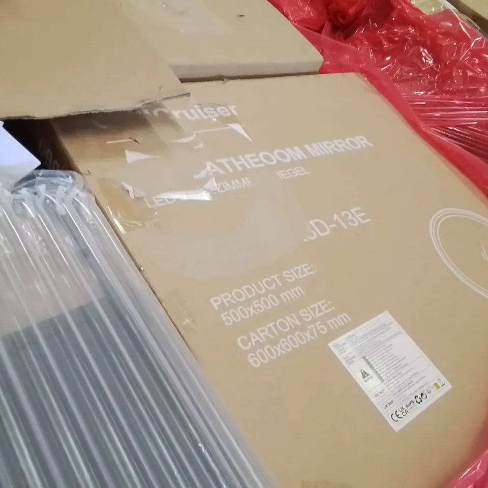 PALLET CONTAINING ASSORTED ITEMS INCLUDING: UNTESTED MONITORS, ELECTRIC WARMING TRAY, AUDIO TURNTABLE, BATHROOM MIRROR ECT