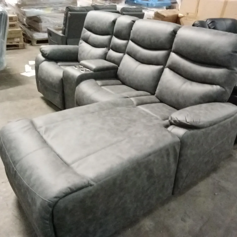 DESIGNER FABRIC UPHOLSTERED LEATHER LOOK MANUAL RECLINER CHAISE SOFA 