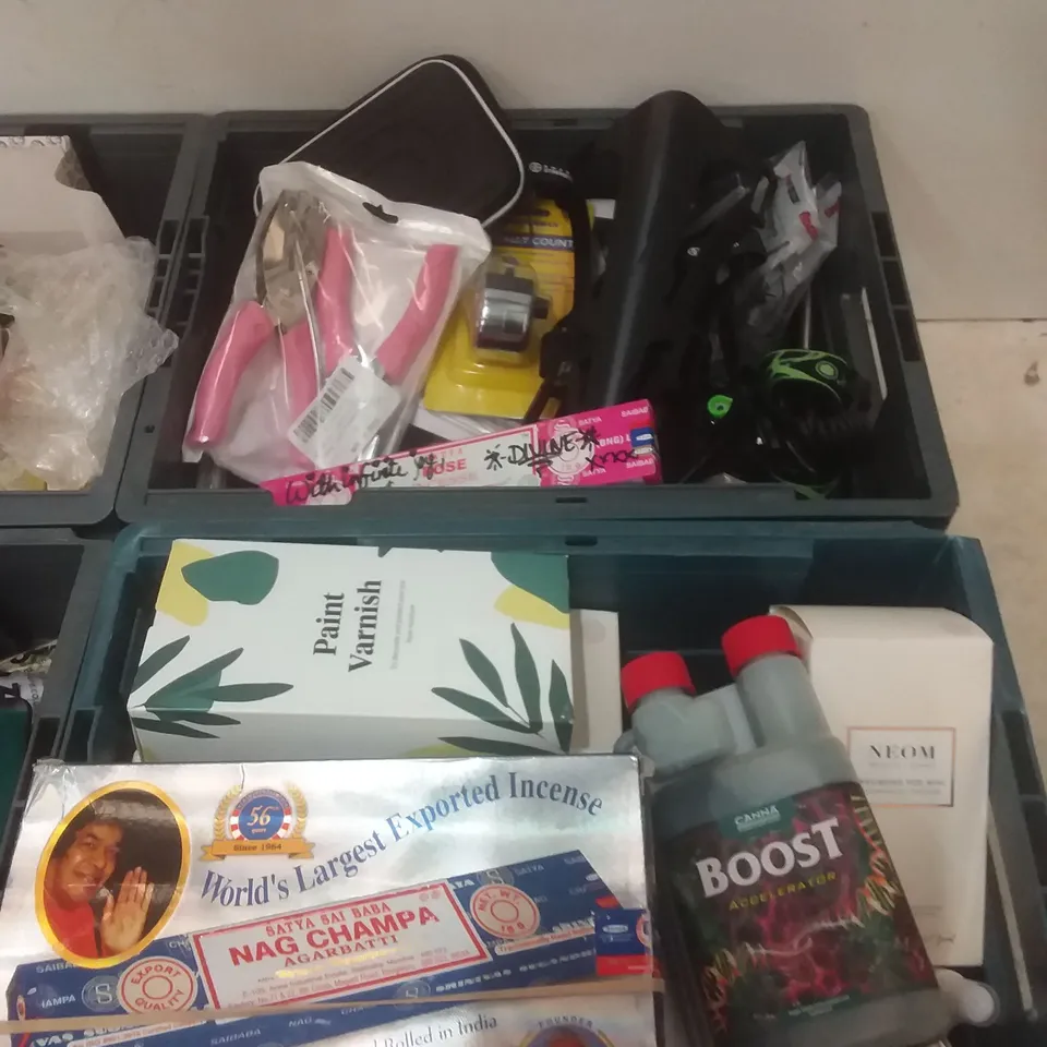 4 TOTES OF ASSORTED ITEMS INCLUDING, WOMENS PURSE, BUBBLES&LACE CANDLES, INCENSE STICKS AND HOOF OIL