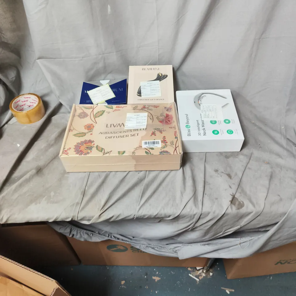 BOX OF APPROXIMATELY 20 ASSORTED HOUSEHOLD ITEMS INCLUDING EMS FACE LIFT DEVICE, NECK MESSAGER, DIFFUSER SET, MAGIC SERUM