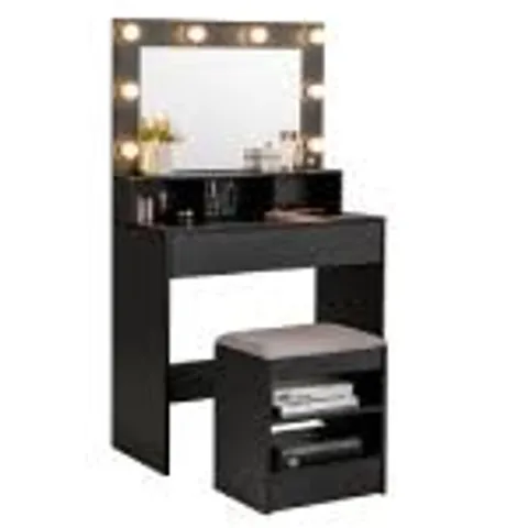 BOXED MODERN DRESSING TABLE SET WITH LED LIGHTS MIRROR AND DRAWER - BLACK