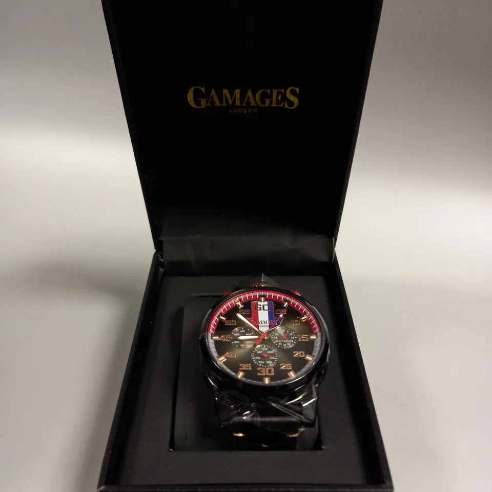 BOXED GAMAGES PISTON BLACK DIAL WATCH 