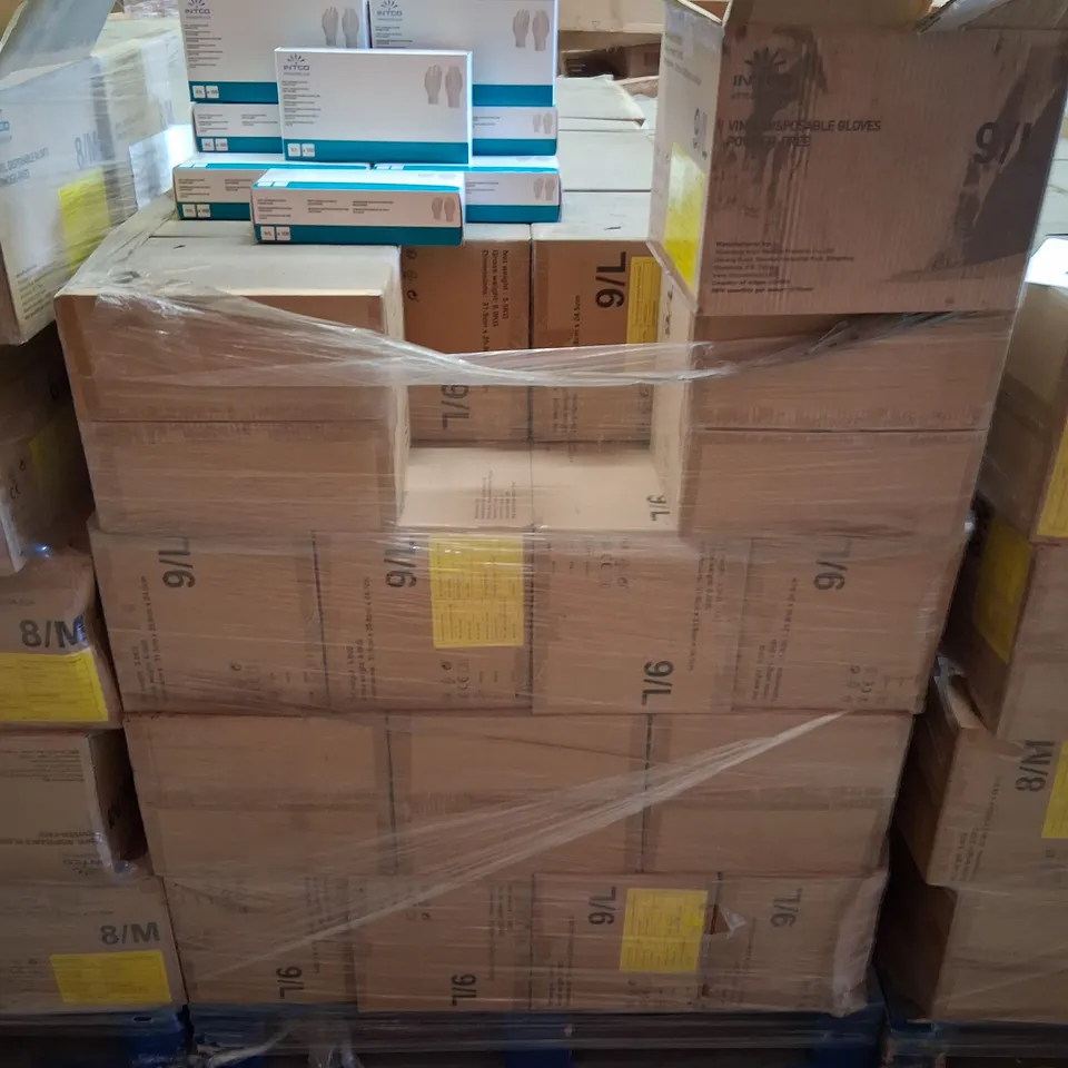 PALLET OF APPROXIMATELY 60 CARTONS OF TEN BOXES OF BRAND NEW INTCO VINYL DISPOSABLE GLOVES POWDER FREE 9/L 100 PAIRS PER BOX