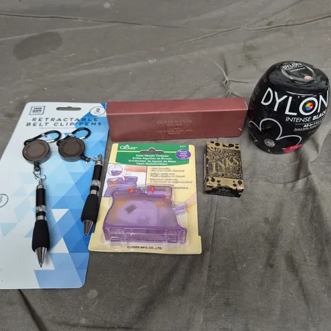 APPROXIMATELY 15 ASSORTED HOUSEHOLD ITEMS TO INCLUDE DYLON FABRIC DYE, FOUNTAIN PEN INK AND RETRACTABLE BELT CLIP PENS