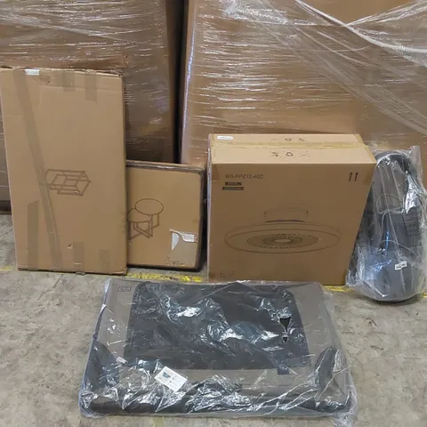 PALLET OF ASSORTED ITEMS INCLUDING:FAN LIGHT, COFFEE TABLE, AIR PURIFIER/ HEATER FAN, PET TENT, TOWEL RACK