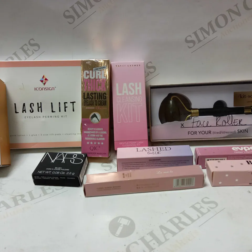 LOT OF 10 ASSORTED MAKEUP PRODUCTS TO INCLUDE NARS BLUSH, PREP SET GLOW SPRAY, LIQUID LIPSTICK, ETC