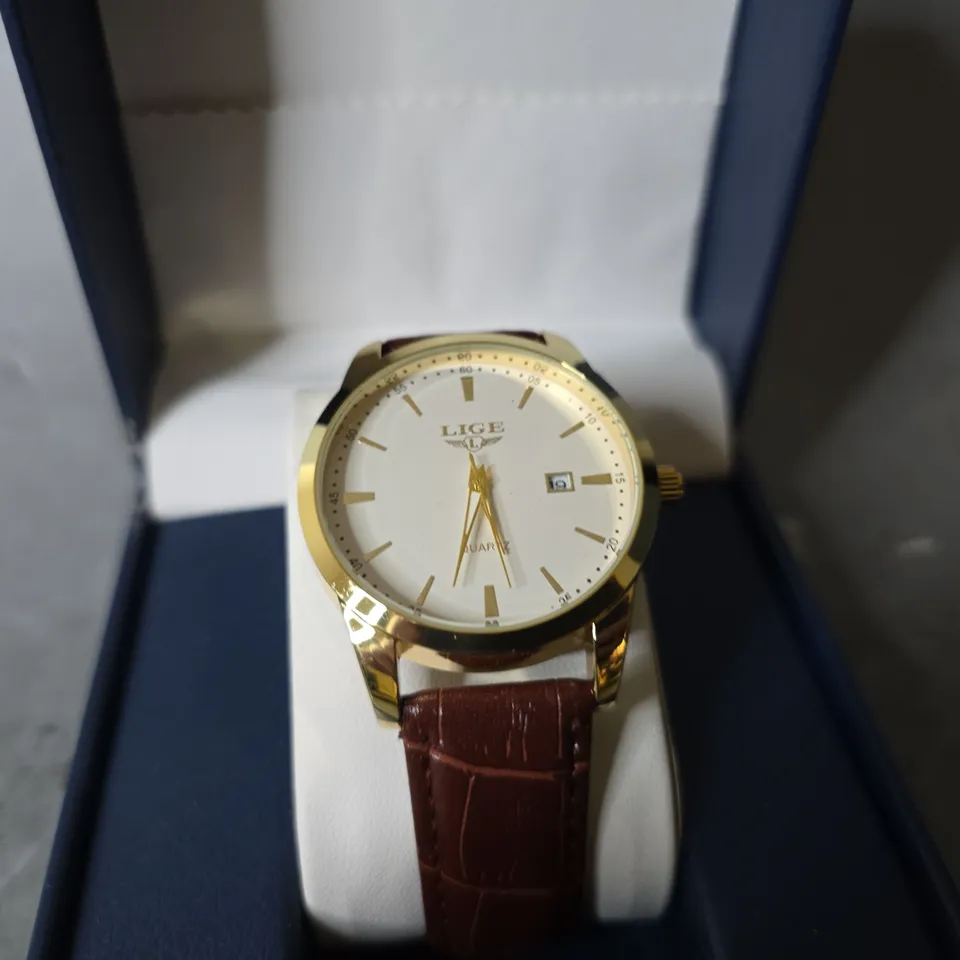 LIGE WHITE DIAL BROWN LEATHER STRAP WATCH 