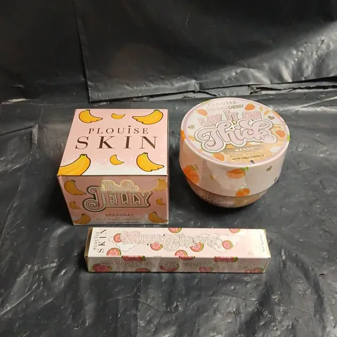 PLOUISE LOT OF 3 ASSORTED SKINCARE PRODUCTS TO INCLUDE - MANGO BODY BUTTER - GUAVA VITAMIN C EYE CREAM - BANANA JELLY MAKEUP REMOVER
