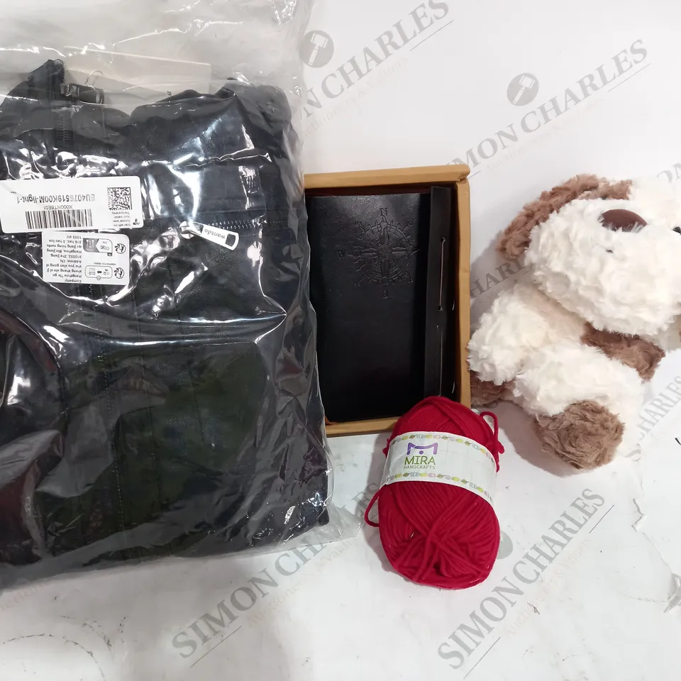 BOX OF ASSORTED ITEMS APPROXIMATELY 15 INCLUDING JACKET, DIARY, TEDDY, YARN ETC