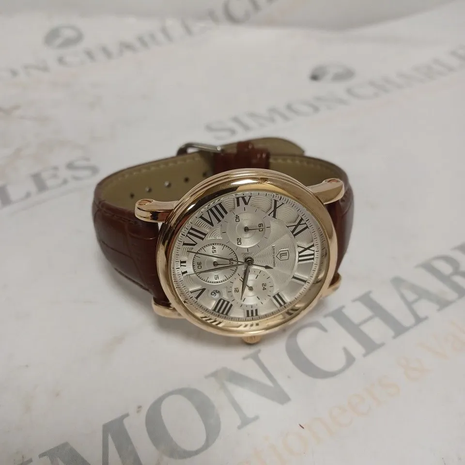 MENS LOUIS LACOMBE CHRONOGRAPH WATCH – MULTI FUNCTION DIAL WITH DATE – ROMAN NUMERAL DIAL – LEATHER STRAP – GIFT BOX