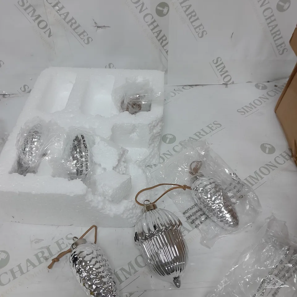SIX SILVER CHRISTMAS ORNAMENTS