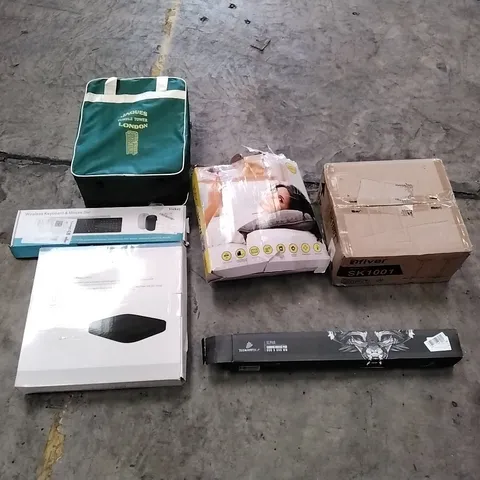 PALLET OF ASSORTED ITEMS TO INCLUDE: HEATED PILLOW, SPEAKER STANDS, TUMBLE TOWER, WIRELESS KEYBOARD & MOUSE SET, COMFORT CUSHION, GAMING MOUSE PAD ECT