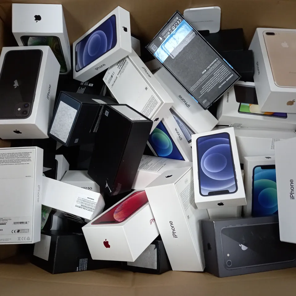 APPROXIMATELY 50 ASSORTED EMPTY PHONE BOXES FROM BRANDS SUCH AS APPLE, HUAWEI & SAMSUNG, ETC