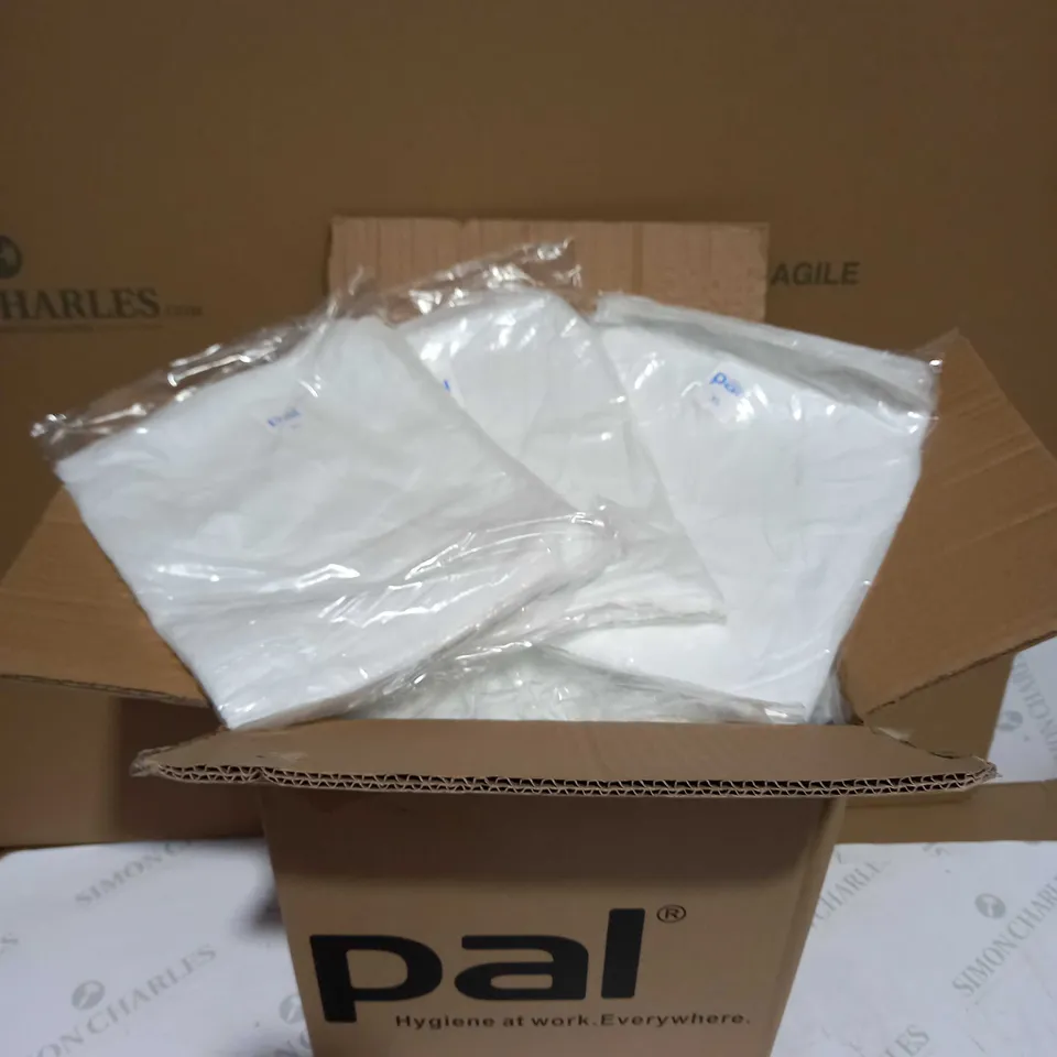 BOX OF APPROXIMATELY 40 BRAND NEW WHITE VELCRO FASTENING ELASTICATED CUFF VISITORS COATS - SIZE XL