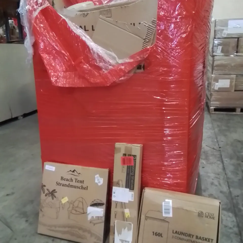 PALLET OF ASSORTED HOUSEHOLD GOODS AND PRODUCTS TO INCLUDE;BEACH TENT,FLOATING SHELVES,LAUNDRY HAMPER