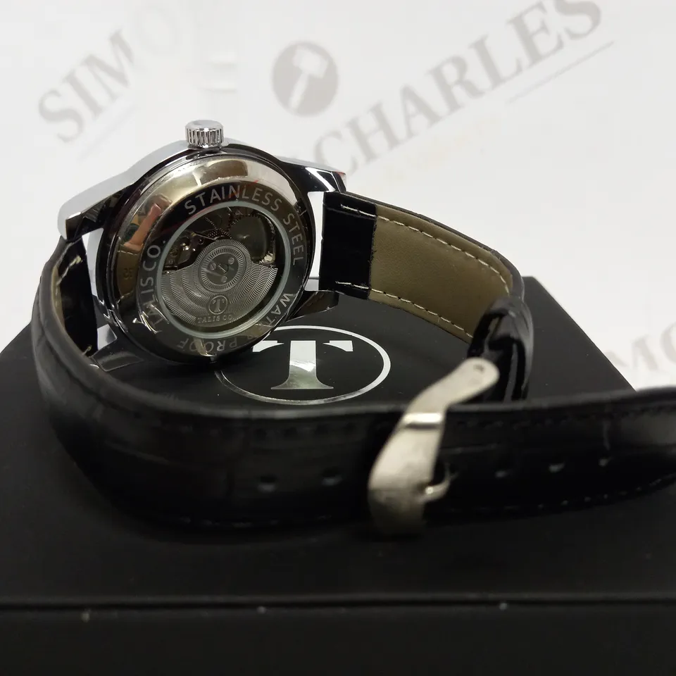 TALIS SKELETON BLUE FACE LEATHER STRAP WRISTWATCH