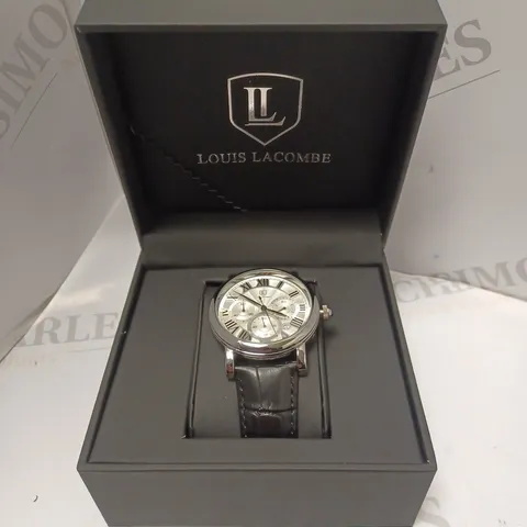 MENS LOUIS LACOMBE CHRONOGRAPH WATCH β MULTI FUNCTION DIAL WITH DATE β ROMAN NUMERAL DIAL β LEATHER STRAP