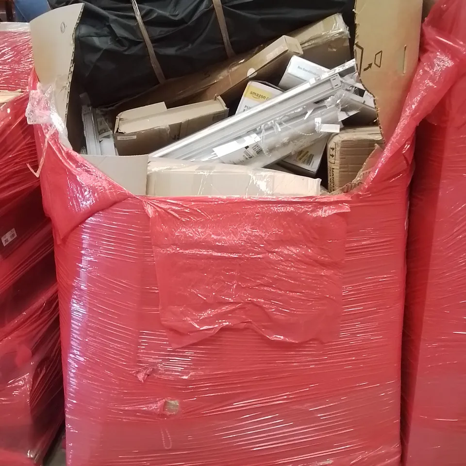 PALLET CONTAINING VARIOUS ASSORTED BOXED HOUSEHOLD ITEMS TO INCLUDE: ROLLER BLINDS, TOILET ASSISTANCE CHAIR, FOAM MATTRESS AND LOTS MORE UNMARKED BOXED ITEMS 