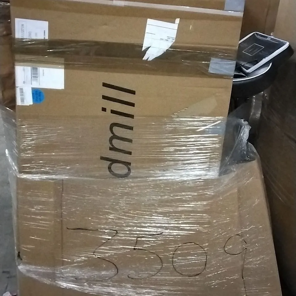 PALLET OF ASSORTED ITEMS INCLUDING BTM TREADMILL, SWIVEL MASSAGE LEATHER RECLINER CHAIR BLACK, BOXED TREADMILL