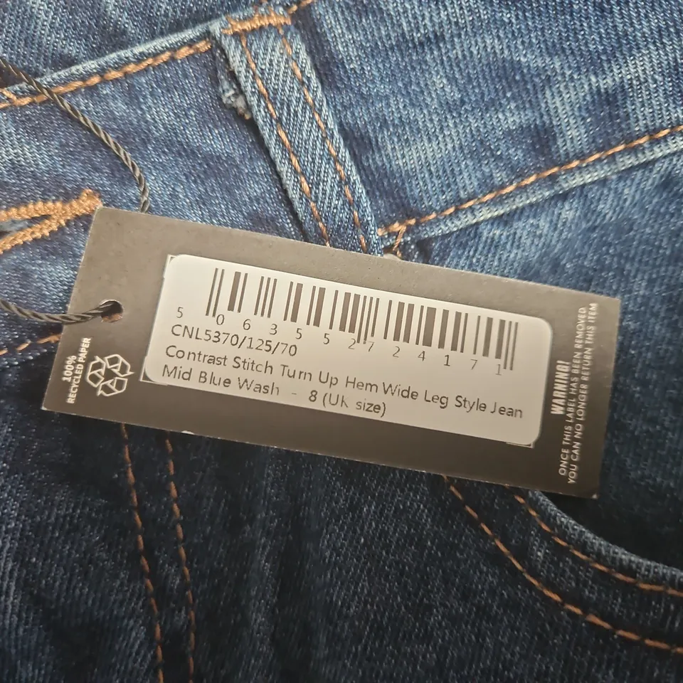 WOMEN'S DENIM JEANS - MID BLUE WASH, WIDE-LEG WITH TURN-UP HEM, UK 8