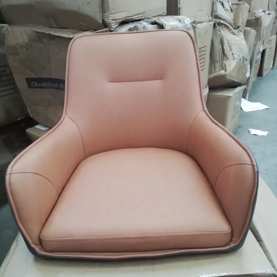 A BOXED PAIR OF FAUX LEATHER BROWN SIDE CHAIRS