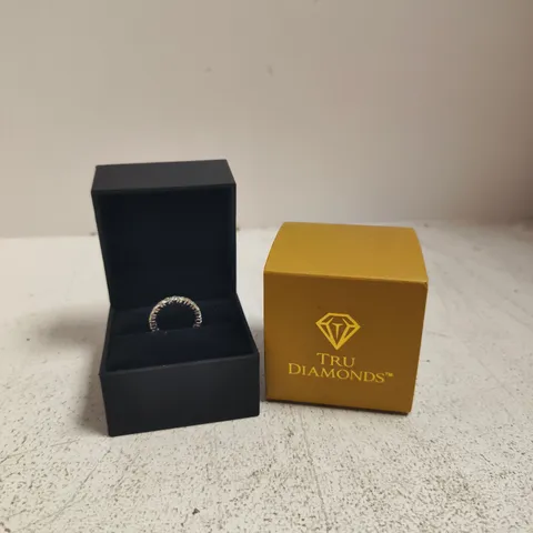 BOXED TRU DIAMONDS DIAMOND RING – SILVER TONE BAND WITH PRONG-SET STONES