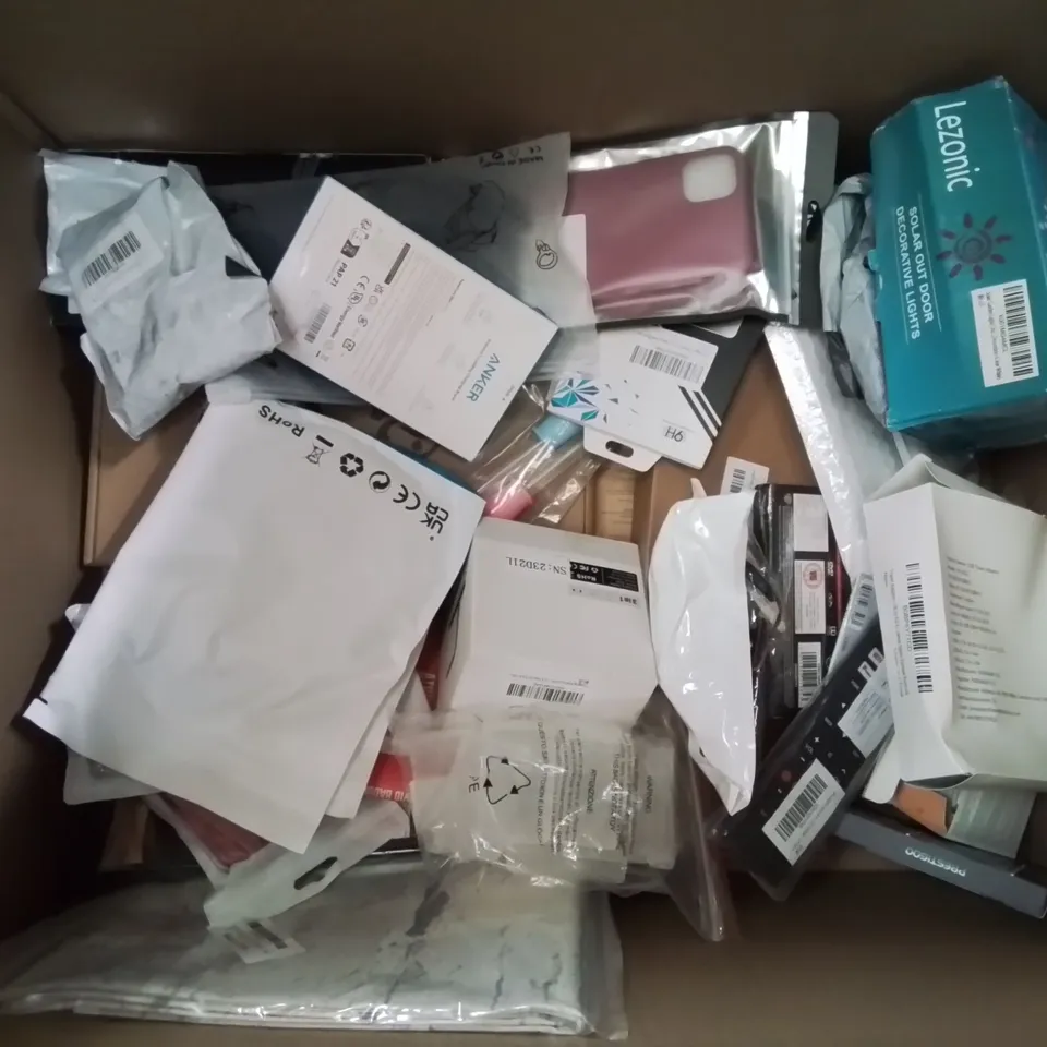 BOX CONTAINING LARGE AMOUNT OF MIXED BOXED ELECTRICAL ITEMS PHONE ACCESSORIES LIGHTING ETC.