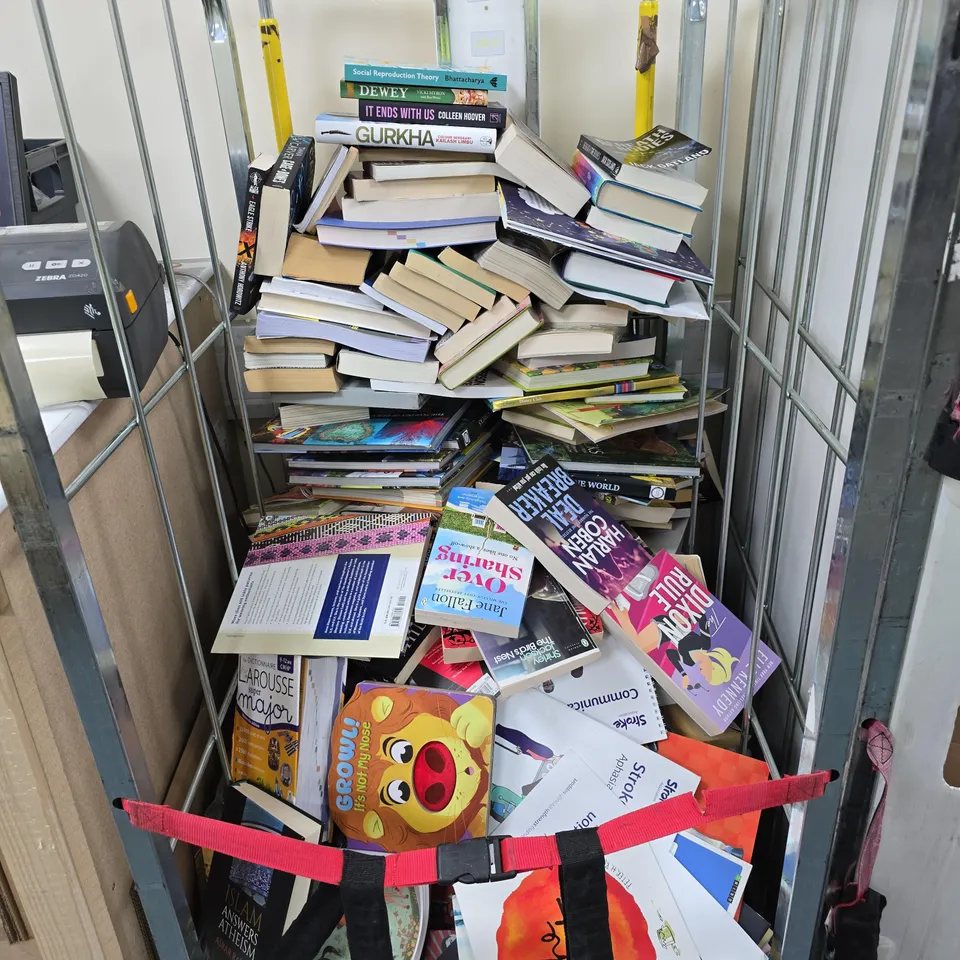 CAGE CONTAINING A LARGE QUANTITY OF ASSORTED BOOKS INCLUDING RULE OF WOLVES , CAGE OF BONES , ALEX RIDERR EAGLE STRIKE AND GURKHA